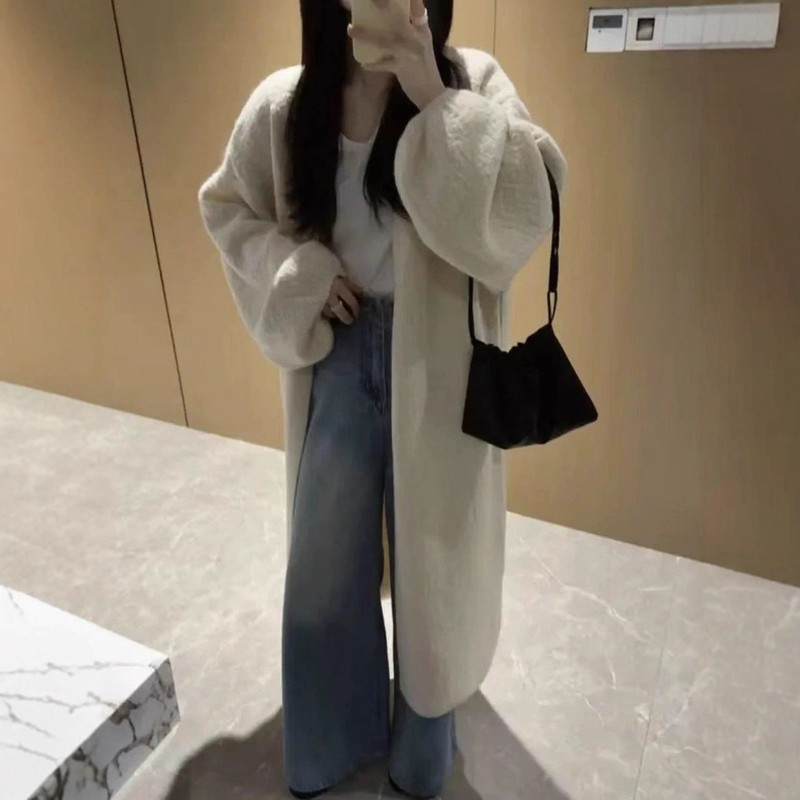 韩系甜美慵懒风大灯笼袖毛衣开衫女树皮纹秋冬中长款针织外套气质|undefined