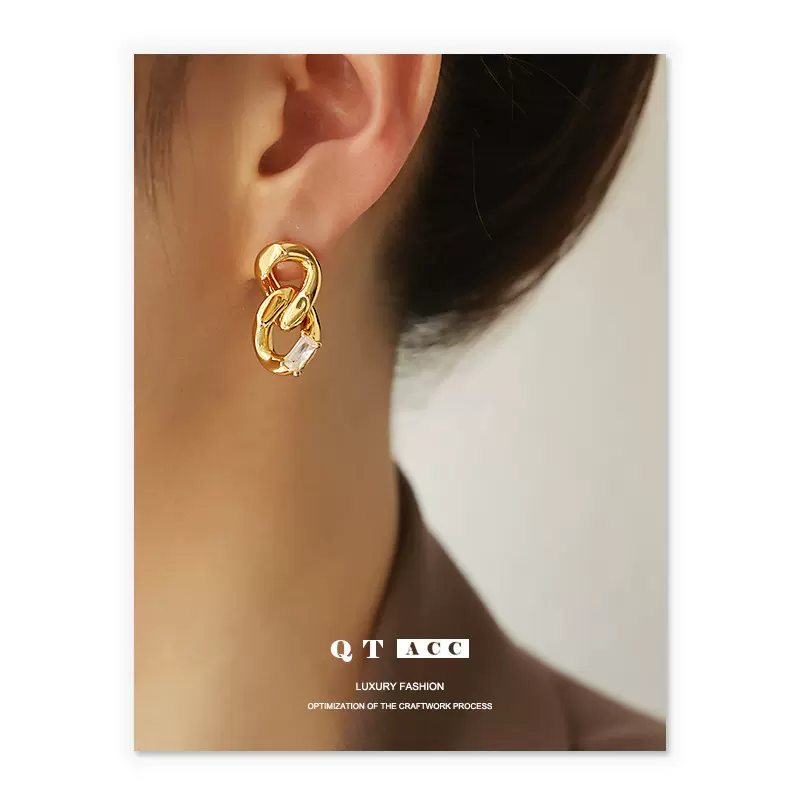 黄铜镀18k真金/锆石 欧美链条经典新款潮流时尚气质耳饰耳钉女