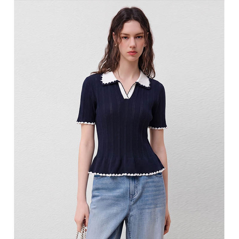 Summer New Style Polo Collar Lace Sleeve Color-Block Knit T-Shirt, Super Slimming, Waist-Cinching, Stylish, Age-Reducing, Elegant Top Summer New Style Polo Collar Lace Sleeve Color-Block Knit T-Shirt, Super Slimming, Waist-Cinching, Stylish, Age-Reducing, Elegant Top