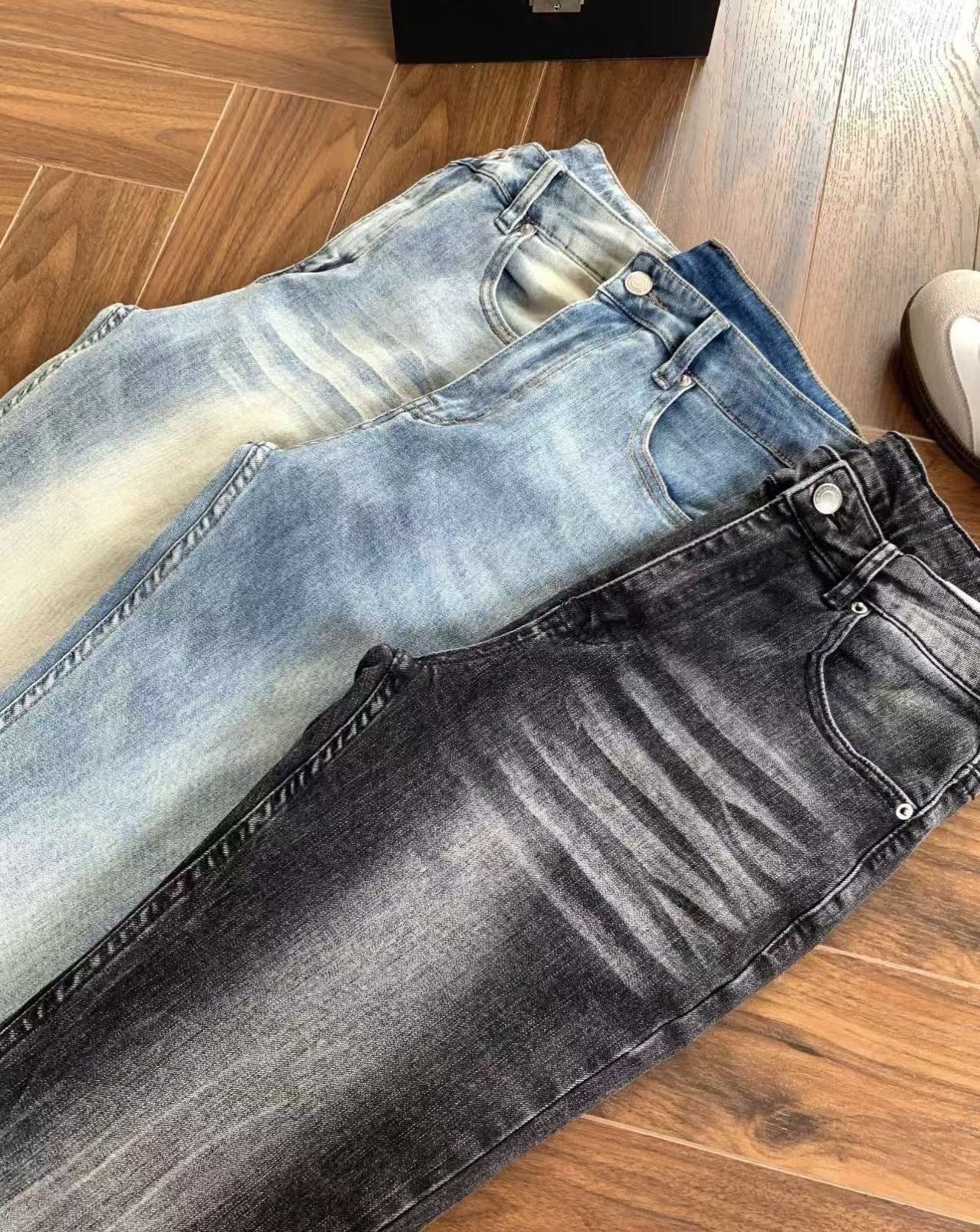 Men's Clothing Retro Washed Cleanfit Jeans DC Style American Slim Fit Slightly Flared High Street Vibe Pants Men's Clothing Denim_mkmklike.com