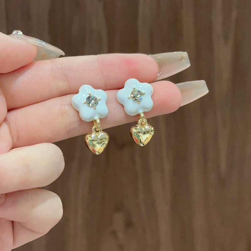 1 Pair Sweet Heart Shape Flower Enamel Plating Inlay Alloy Rhinestones Drop Earrings display picture 2