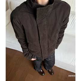 军款仿兔毛重水洗座山雕剪裁解构立领夹克冬季加厚外套黑色灰色