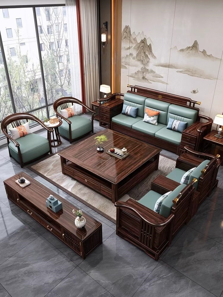 ♔ New Chinese-Style Ebony Wood Solid Wood Sofa Set for Living Room, 2025 New Model, Dual-Use for Winter and Summer, with Storage, Classical Home Furniture