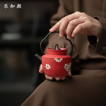 提梁壶山楂红釉下彩手绘泡茶器带球孔过滤功夫茶具陶瓷壶轻奢复古