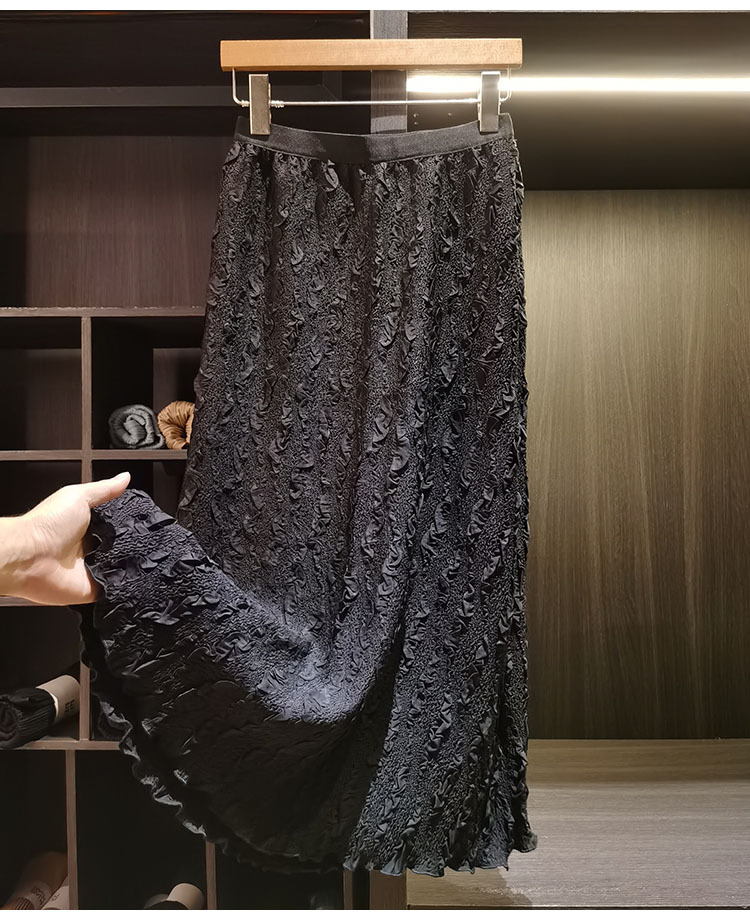 Chân váy xếp ly nữ cạp cao dáng chữ A, vải hoa văn ép hoa, thun lưng co giãn, suông rủ nhẹ — màu đen, Xanh lá cây nhạtcolor, Hồng ngó sen, màu mơ chi tiết 15