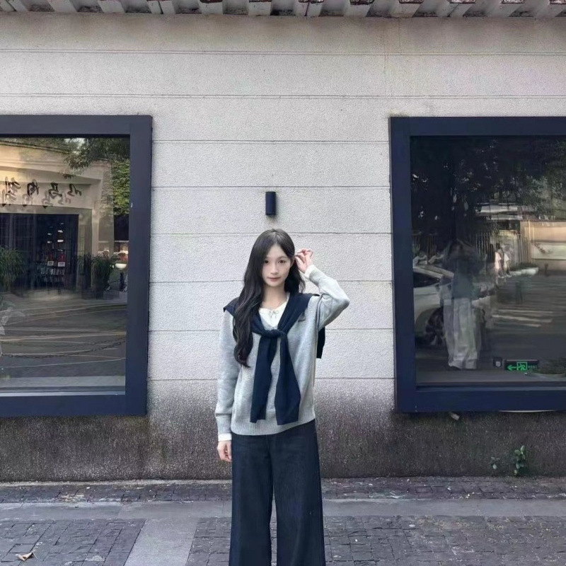 套装女2025秋季新款韩系慵懒风长袖针织衫系带披肩高腰显瘦阔腿裤|undefined