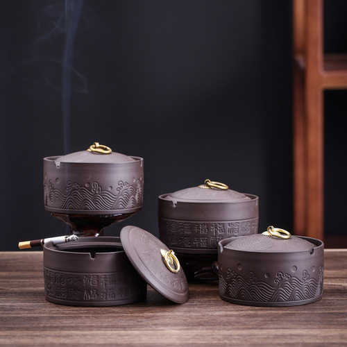 Purple sand ceramic ashtray with lid, windproof ashtray, creative business gift, hotel bar cigarette set decoration