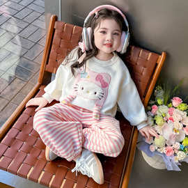 女童运动春秋条纹裤猫咪套装2025新款儿童休闲童装两件套代发