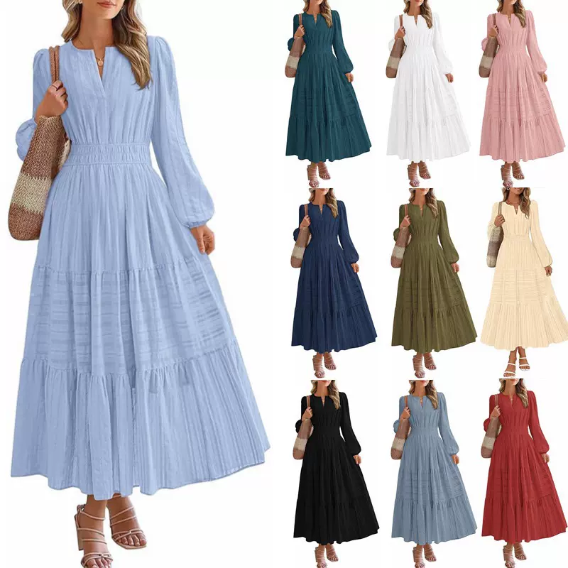 2026欧美外贸跨境女装亚马逊爆款 V领抽褶收腰层层大摆长袖连衣裙