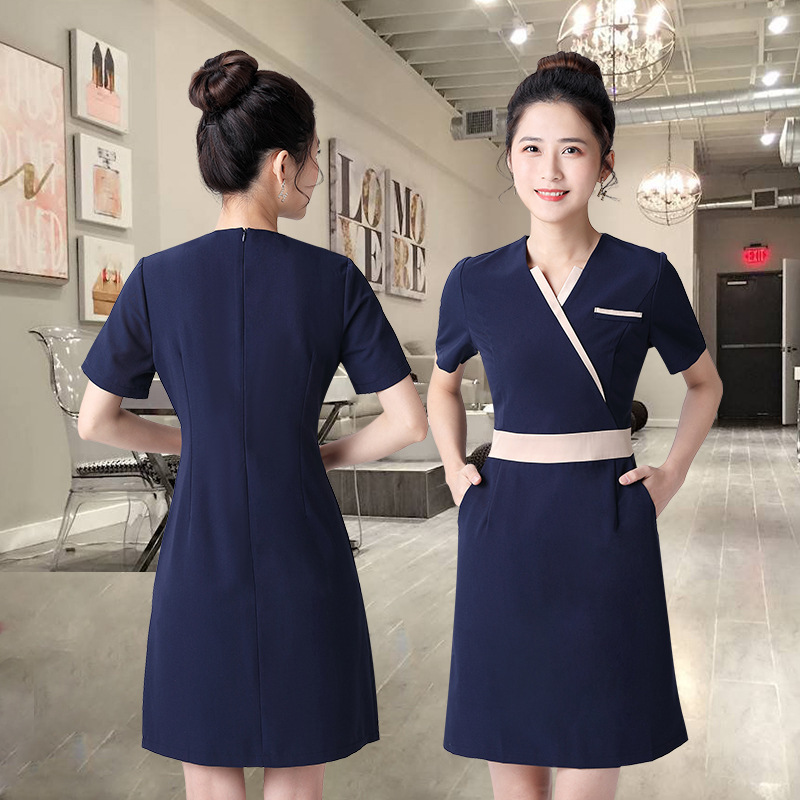 美容师连衣裙女2025夏季工作服养生馆连衣裙高端美容院技师按摩服