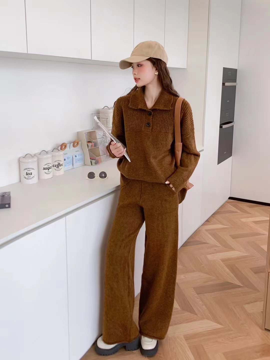 Herbst und Winter neuer Anzug lässiger Pullover Polokragen Strickpullover weite Beinhose zweiteiliges Set für Damen_voghion.com