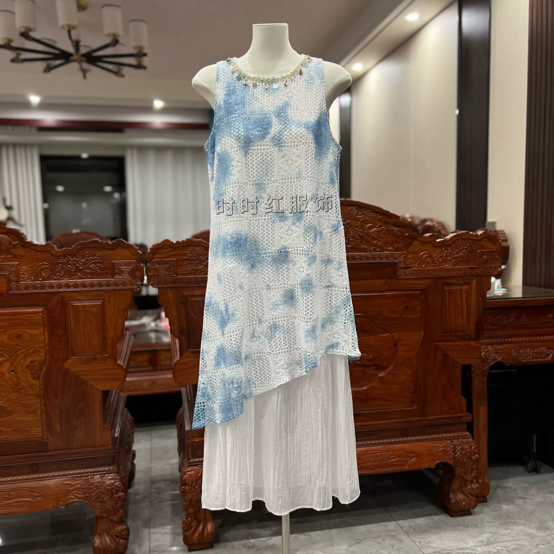 Синее платье-жилет с принтом тай-дай, платье из двух частей, длинная юбка из сетчатой ​​сетки, дорожное платье