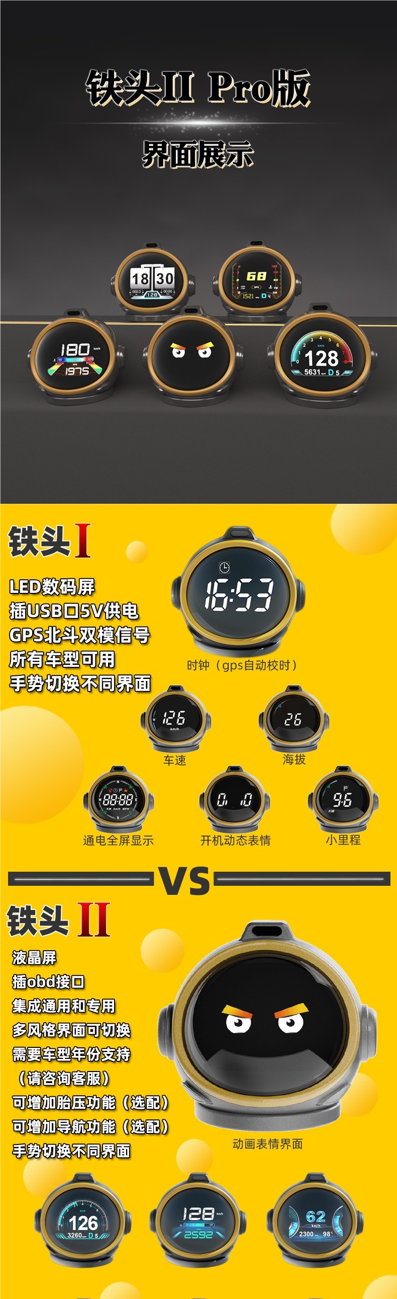 Tuchi'An Car Head-Up Display Hud Multifunctional Obd Instrument for Speed Navigation, Water Temperature, and Tire Pressure Monitoring