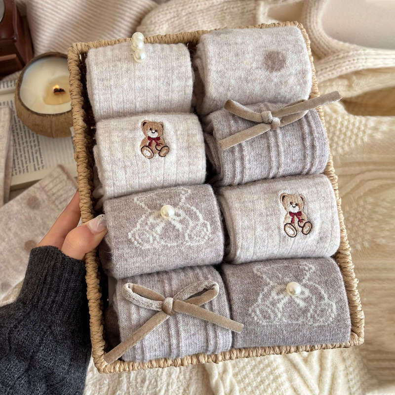 Autumn and Winter Japanese-Style Retro Cute Cartoon Bear Embroidered Bow Mid-Calf Socks Warm Wool Socks Zhuji Socks Autumn and Winter Japanese-Style Retro Cute Cartoon Bear Embroidered Bow Mid-Calf Socks Warm Wool Socks Zhuji Socks