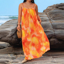 宽松休闲大码裙装树状图案长带连衣裙3D印花v领吊带无袖夏季定-制