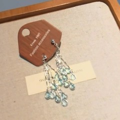 冰透蓝色水滴锆石耳钉清冷感气质耳环轻奢高级感长款耳饰女百搭款