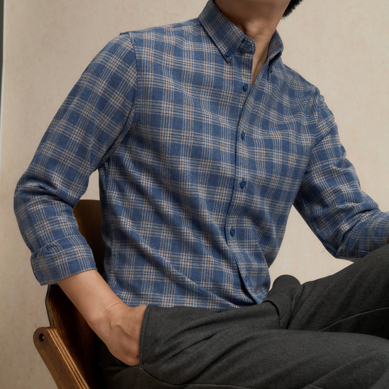 2025新款纯棉磨毛格纹衬衫男士长袖中年商务休闲春秋男式格子衬衣|undefined