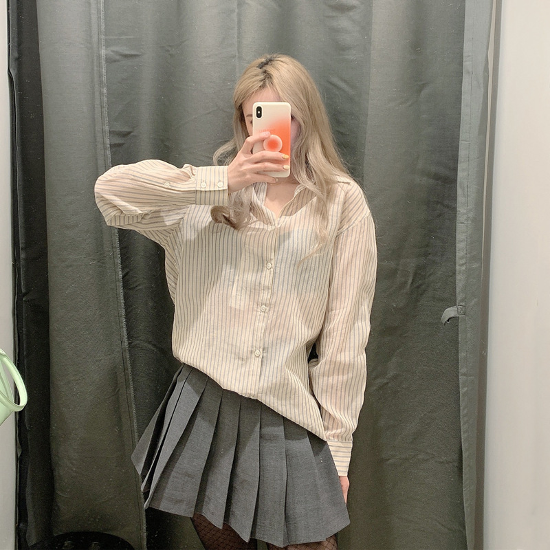 [Designer cooperation] women's thin striped shirt (long sleeve) 438459 women's shirt real