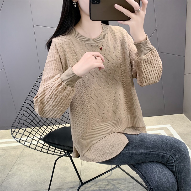 圆领针织拼接假两件衬衫女2025春秋时尚毛衣高级感卫衣针织衫上衣|undefined