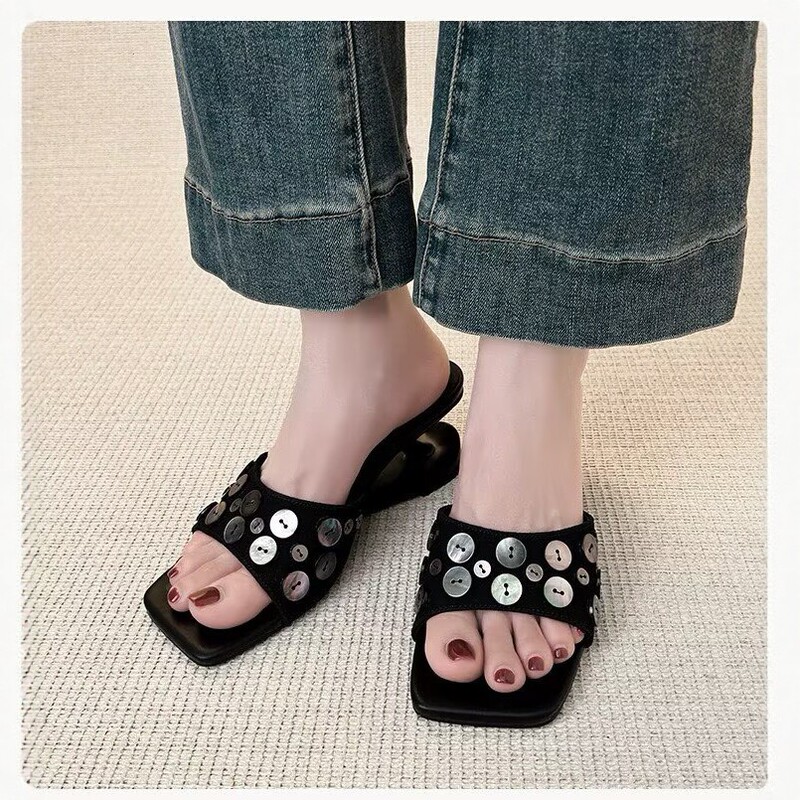 Maltel Original Designer Sheepskin Niche Retro Handmade Shell Black Square-Toe Heart-Shaped High-Heeled Sandals for Women
