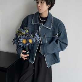 设计小香风外套男牛仔2025水洗夹克毛边外套新款高级短款男装上衣