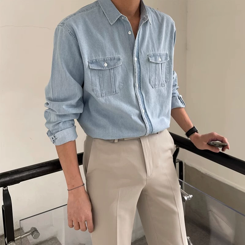 retro denim autumn blue shirt, Korean style