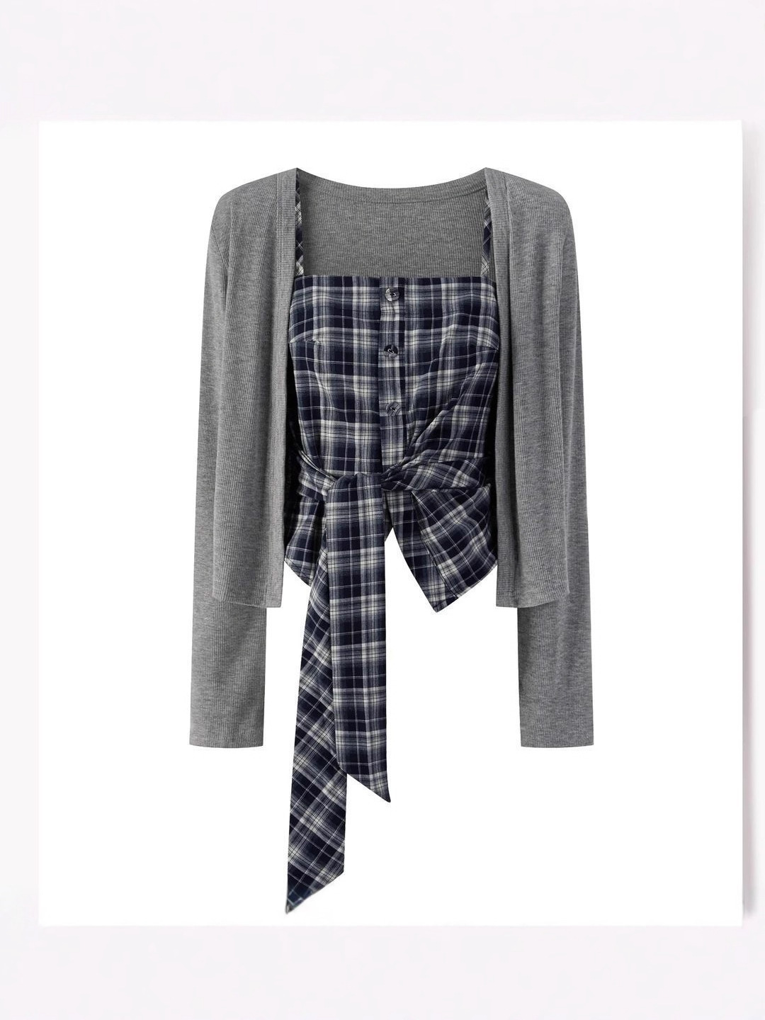 Korean Sexy Gray Knitted Cardigan Women's Autum New Fashion Age-Reducing Sun Protection Long-Sleeved T-Shirt Top Two-Piece Set