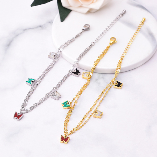 Korean version of the new anklet color shell multi-butterfly anklet pendant titanium steel 18k gold non-fading double-layer chain