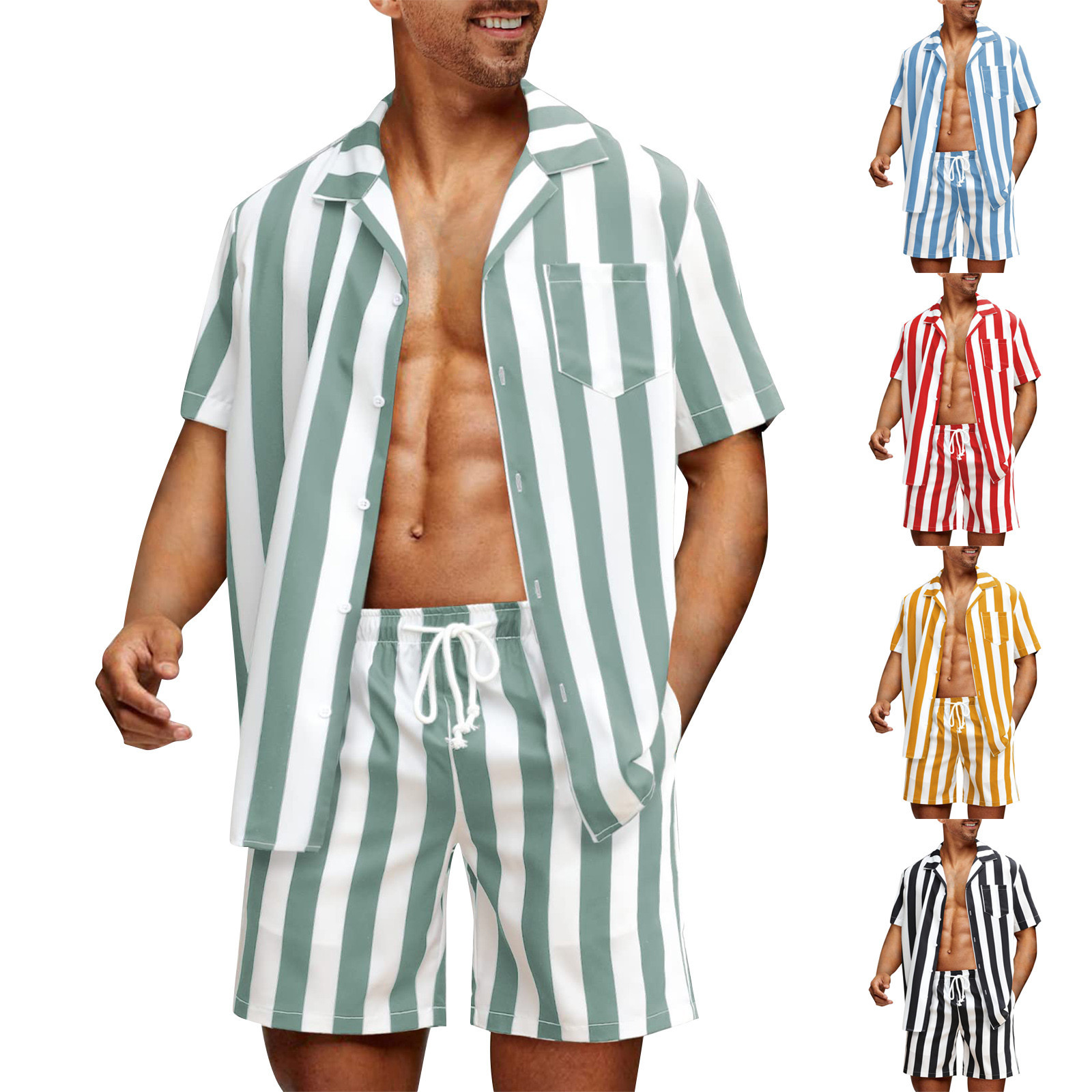 유럽과 미국 2023 하와이 새로운 남성용 세트 아마존 반팔 스트라이프 비치 셔츠 남성용 투피스 세트