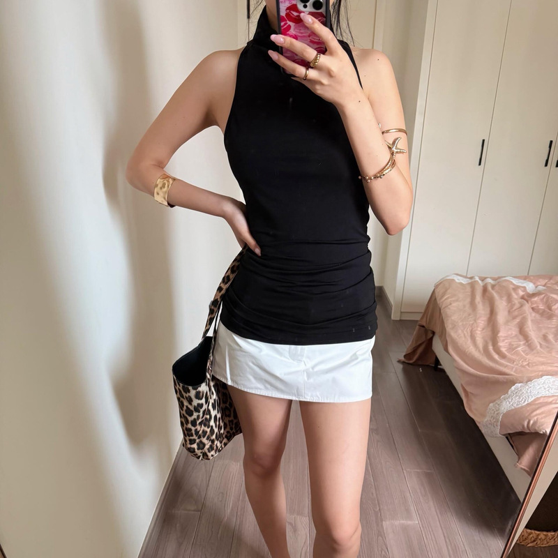 "Office Siren" Lyocell Tencel Back Twist High Collar Cut-Shoulder Sleeveless Slim-Fit Tank Top for Women "Office Siren" Lyocell Tencel Back Twist High Collar Cut-Shoulder Sleeveless Slim-Fit Tank Top for Women