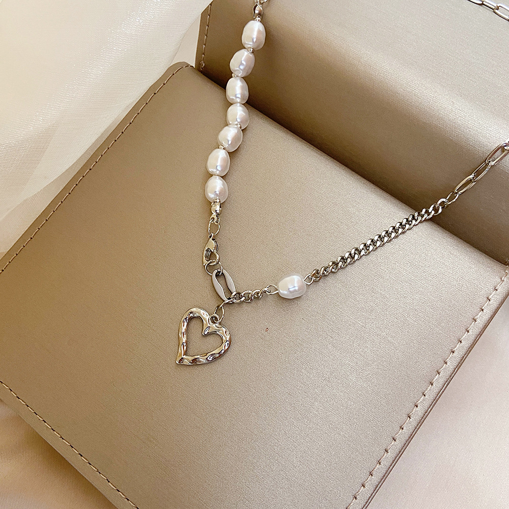 Creative New Simple Fairy Jewelry Stitching Chain Pearl Love Pendant Necklace