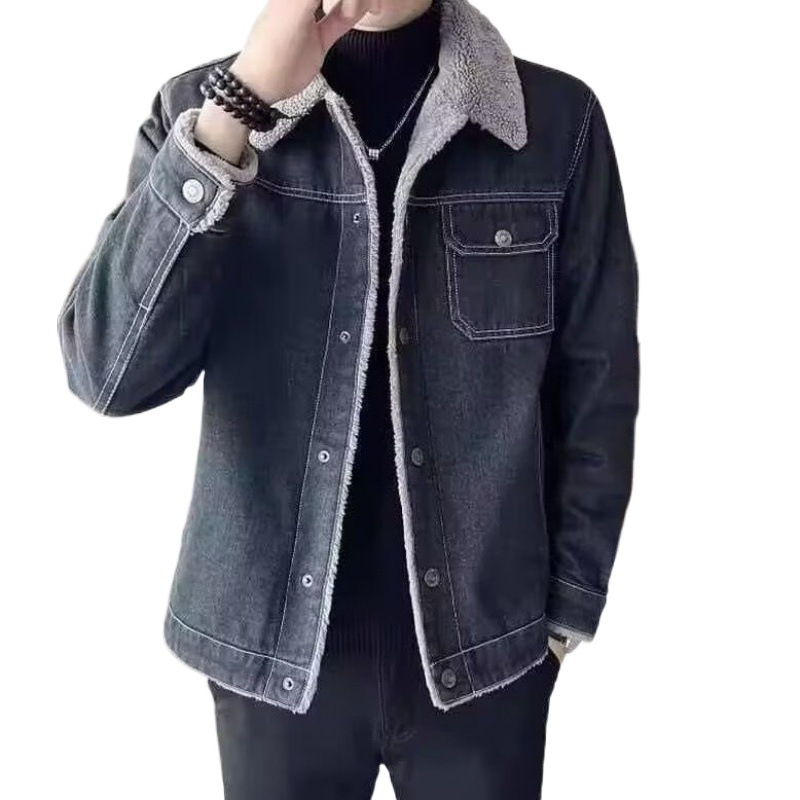 Men's Denim Jacket With Fleece And Men's Lamb Fleece Slim Fit Collar Casual Jacket Thick_voghion.com