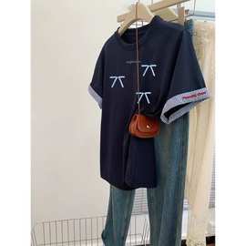 【胖妹妹】韩系夏日蝴蝶结纯棉短袖t恤女设计感圆领宽松百搭上衣