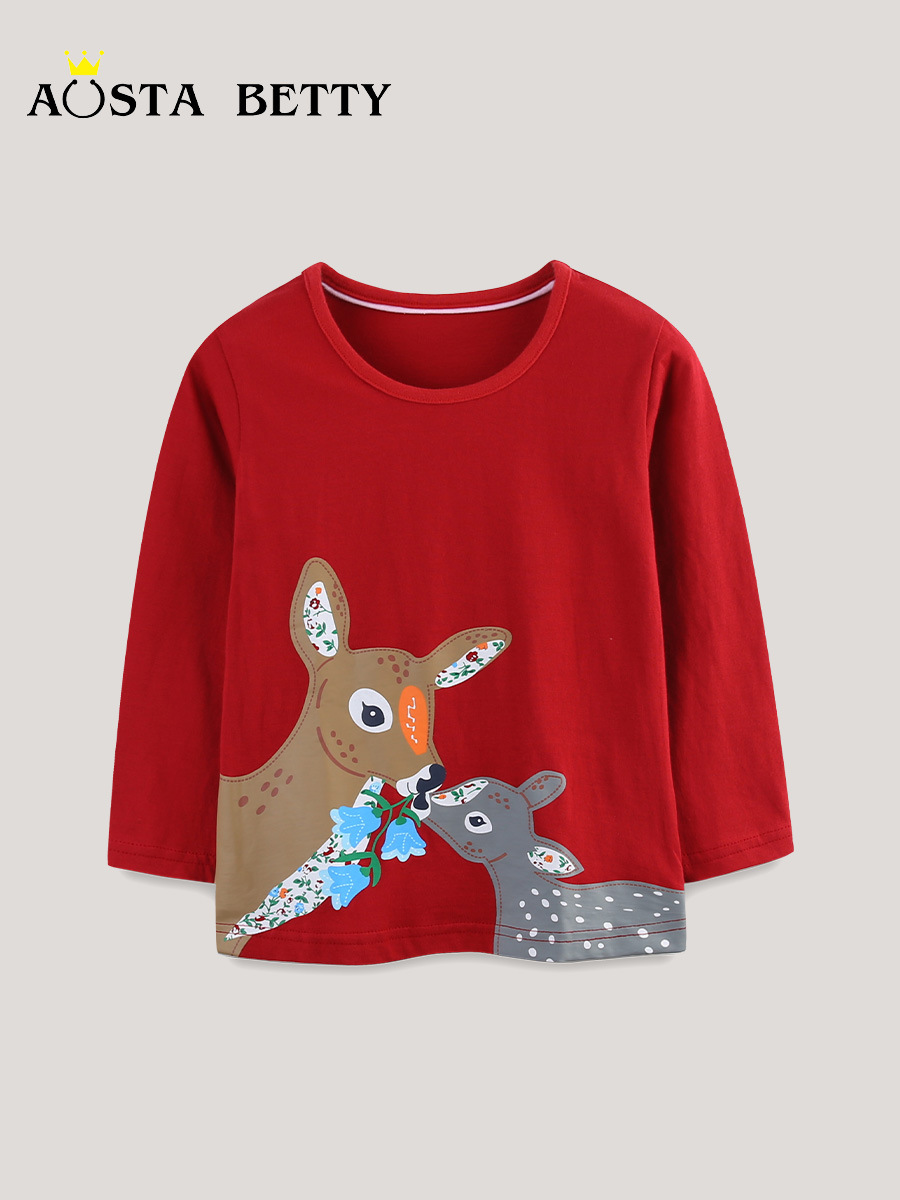 Fuente transfronteriza de otoño camisetas de chicas de moda caricatura ciervo impresión de cuello redondo camisetas de manga larga para niños mezcladas