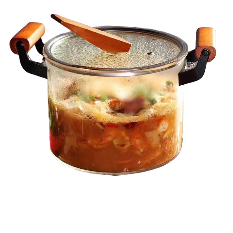 Olla de vidrio de doble oreja de gran capacidad con tapa al por mayor sopa de fideos instantáneos para el hogar olla de leche olla de cocina de vidrio de borosilicato