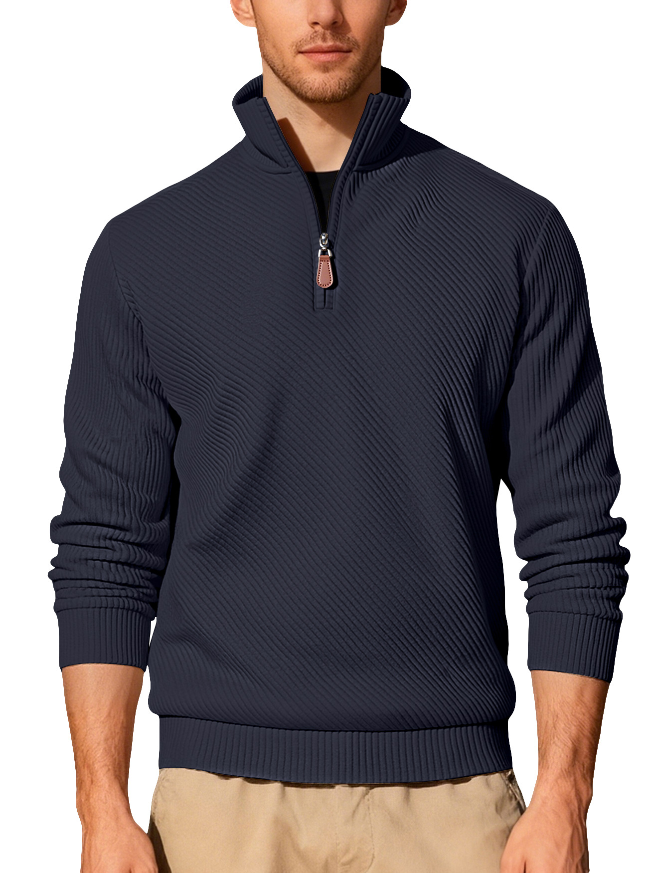 Amazon otoño y invierno nuevo color sólido transfronterizo hombre semi-cremallera velcro cuello casual camisa de manga larga en stock para hombres