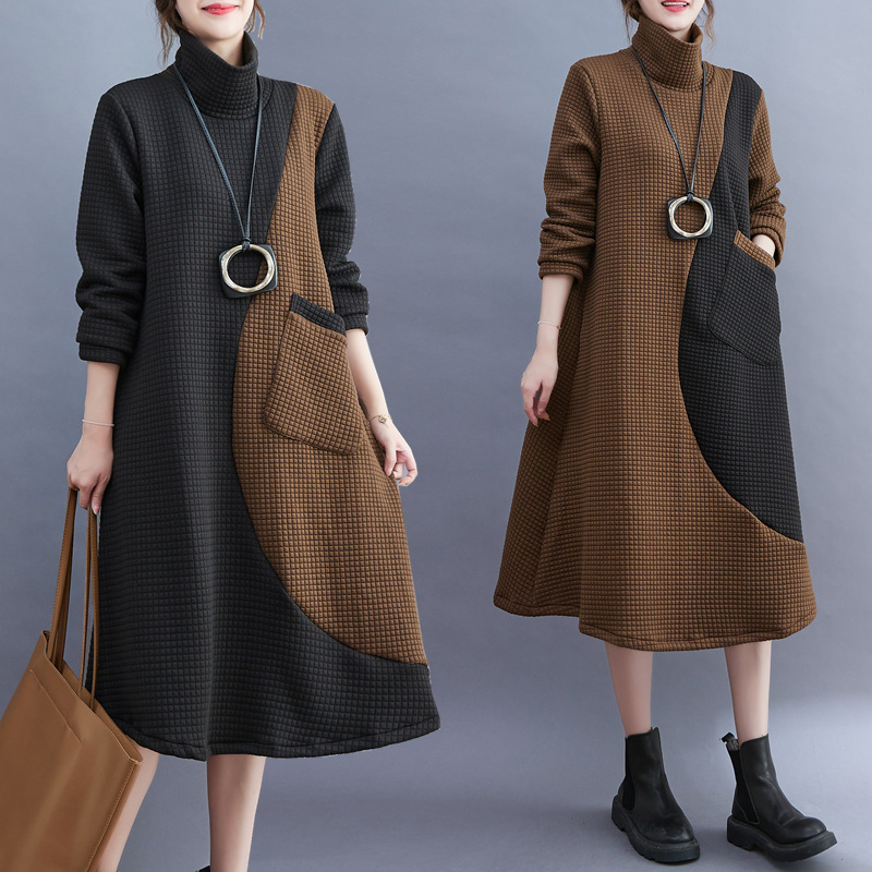 Real Shot of Ready-Made 2022 Autumn and Winter New Color-Blocked High-Neck Long-Sleeved Dress for Women Real Shot of Ready-Made 2022 Autumn and Winter New Color-Blocked High-Neck Long-Sleeved Dress for Women