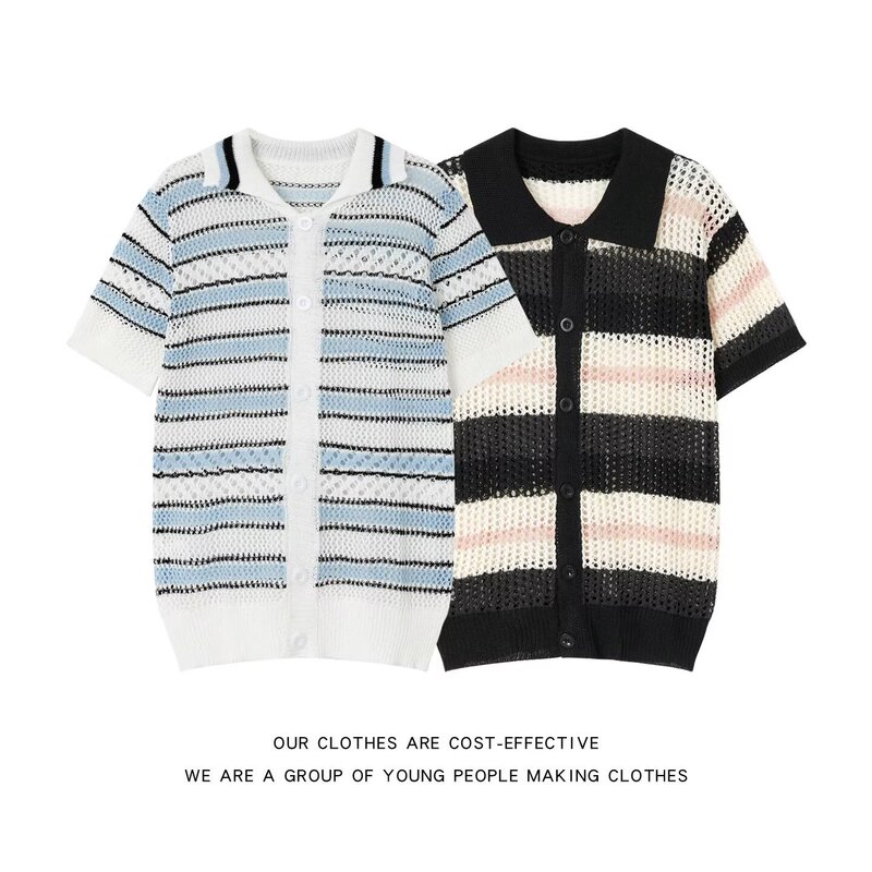 Two-tone striped hollow-out knitted short-sleeve men's summer lightweight ice silk shirt with a youthful vibe, regular shoulder, boxy cardigan top Two-tone striped hollow-out knitted short-sleeve men's summer lightweight ice silk shirt with a youthful vibe, regular shoulder, boxy cardigan top