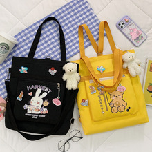 印花帆布包新款大容量清新甜美帆布动物学生补习袋批发单肩托特包