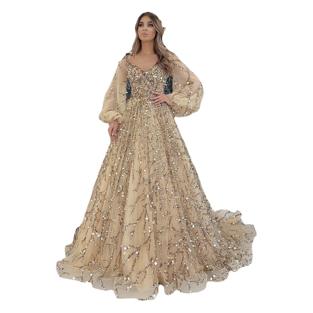 Vestido de Noche Largo de Lujo con Cuentas Doradas, Estilo Nuevo Transfronterizo 2025, Sexy, con Aura de Socialité, Modelo SM7109 image 1