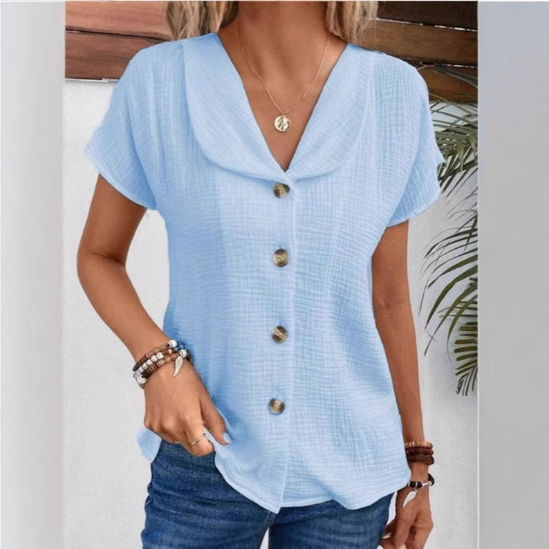 2026 Summer New European And American Cross-Border Solid Color Short Sleeve Cardigan Button Women's Top_ecoleips.com