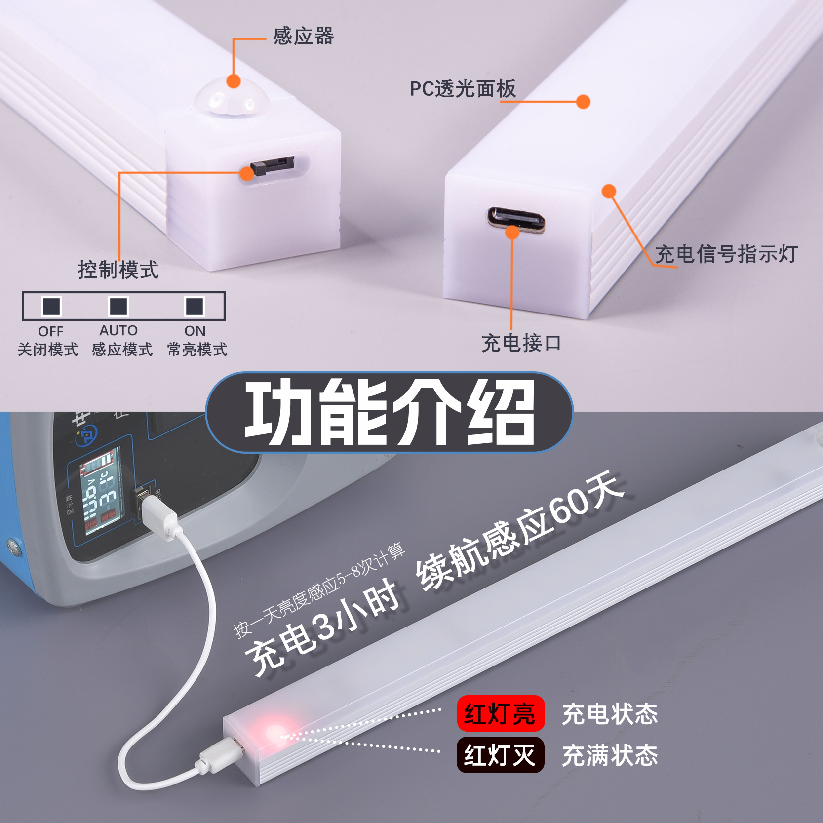 LED de inducción del cuerpo humano inteligente inalámbrico magnético tira de luz de noche recargable cocina armario luz tira de luz