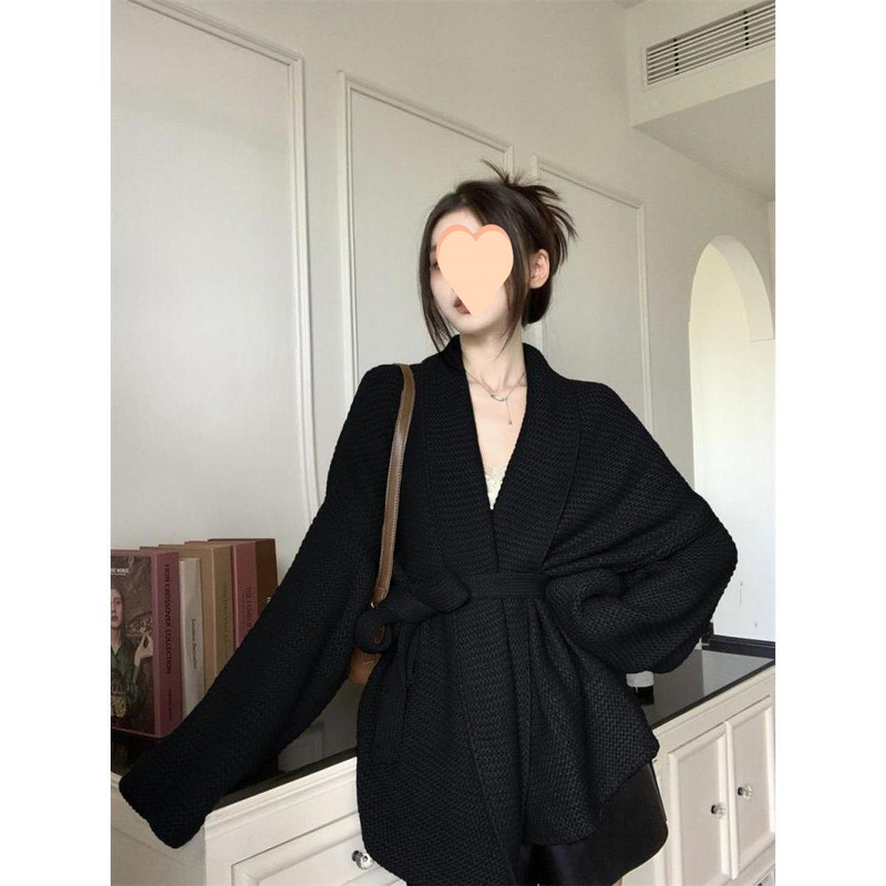 大码法式感V领开衫外套女春秋慵懒风收腰绑带厚实针织衫上衣|undefined