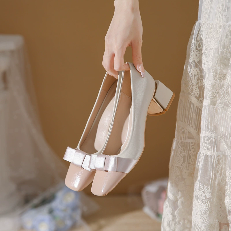 567-1 подходящие цвета маленькие ароматные туфли на толстом каблуке, женские осенние 2022, новые универсальные туфли на среднем каблуке с бантом на высоком каблуке