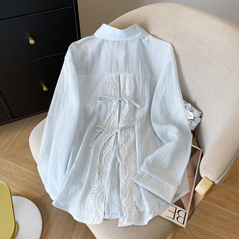 Lace Patchwork Sun Protection Shirt Jacket for Women, Summer Thin Design with Back Slit and Tie, Loose Casual Shirt