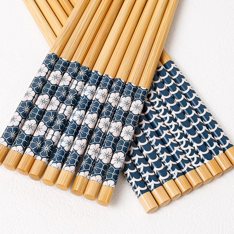 Custom Bamboo Chopsticks for Home Use, One Pair Per Person, Light Luxury High-End Japanese Style Floral Bamboo Chopsticks with Heat Transfer Printing Film, Wholesale