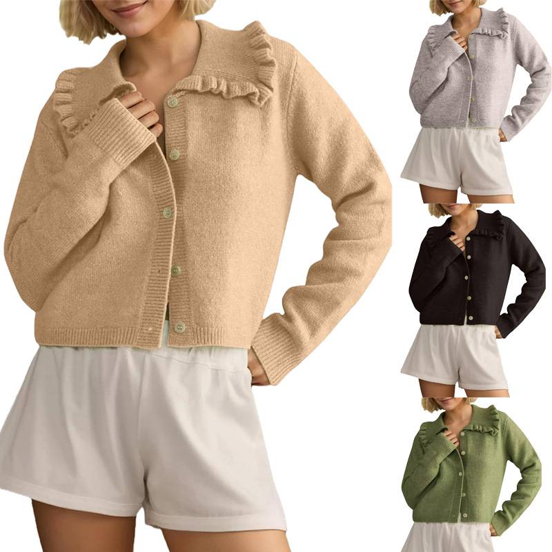 亚马逊新款娃娃领毛衣开衫外套女冬季外穿百搭宽松套头针织上衣