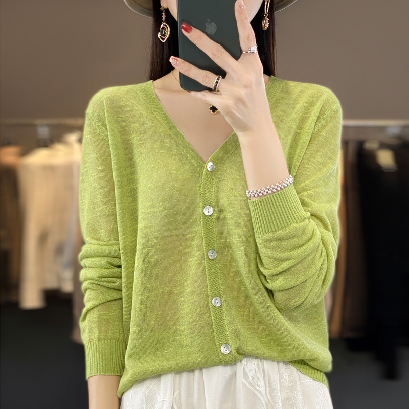 Summer New Ice Silk V Neck Knitted Sun Protection Cardigan Women's Thin Loose Pure Color Outer Blouse Air-Conditioning Shirt Wholesale