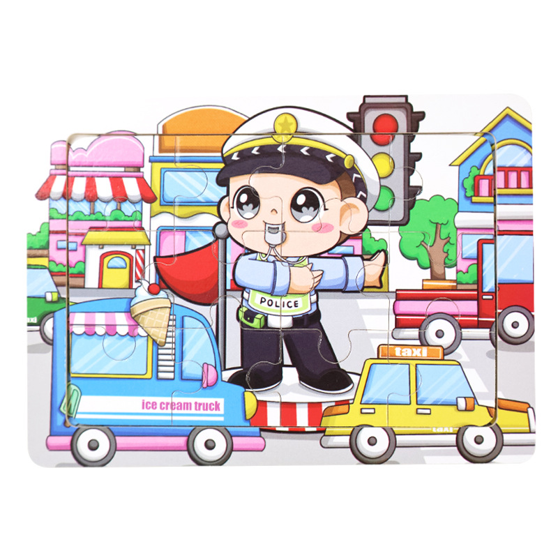 Rompecabezas plano de madera de 12 piezas, juguetes educativos para niños pequeños, rompecabezas de pensamiento lógico cognitivo de animales de dibujos animados de educación temprana