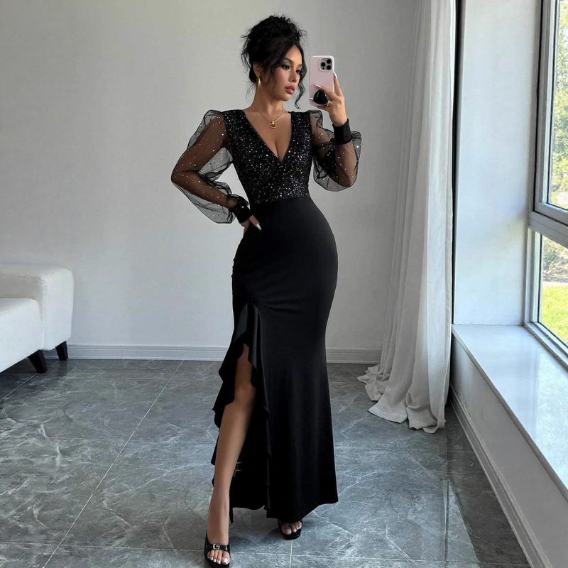 Amazon 2025 Spring and Autumn Knitted dress Elegant Sexy V-Neck High Waist Slim Sequin Stitching Elastic Long Dress